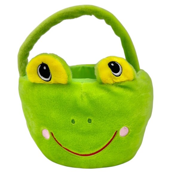 Plush Frog Face Green Basket w Handle Stuffed Polyester Fiber Lightweight Sturdy - Picture 1 of 7